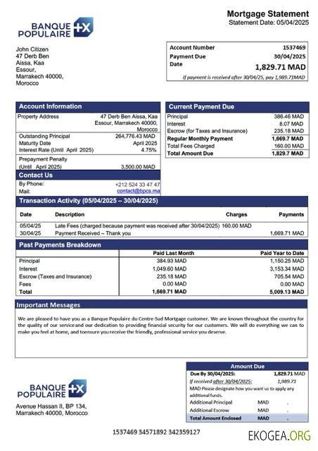 Maroc Banque Populaire du Centre , Sud relevé hypothécaire Modèle Word et PDF